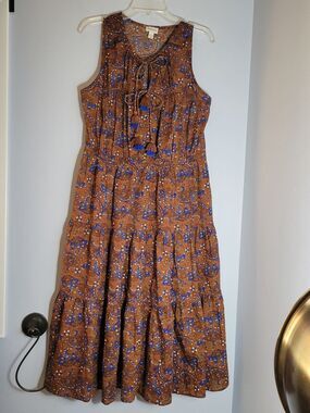 Scenario Sleeveless Paisley Midi Dress Brown Blue Pockets Tassel Tie Size L
